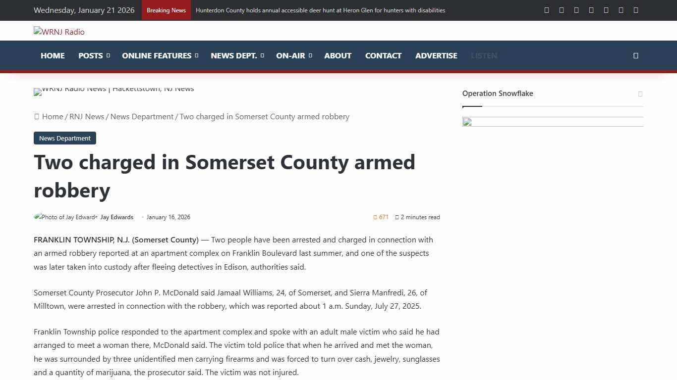 Two charged in Somerset County armed robbery - WRNJ Radio